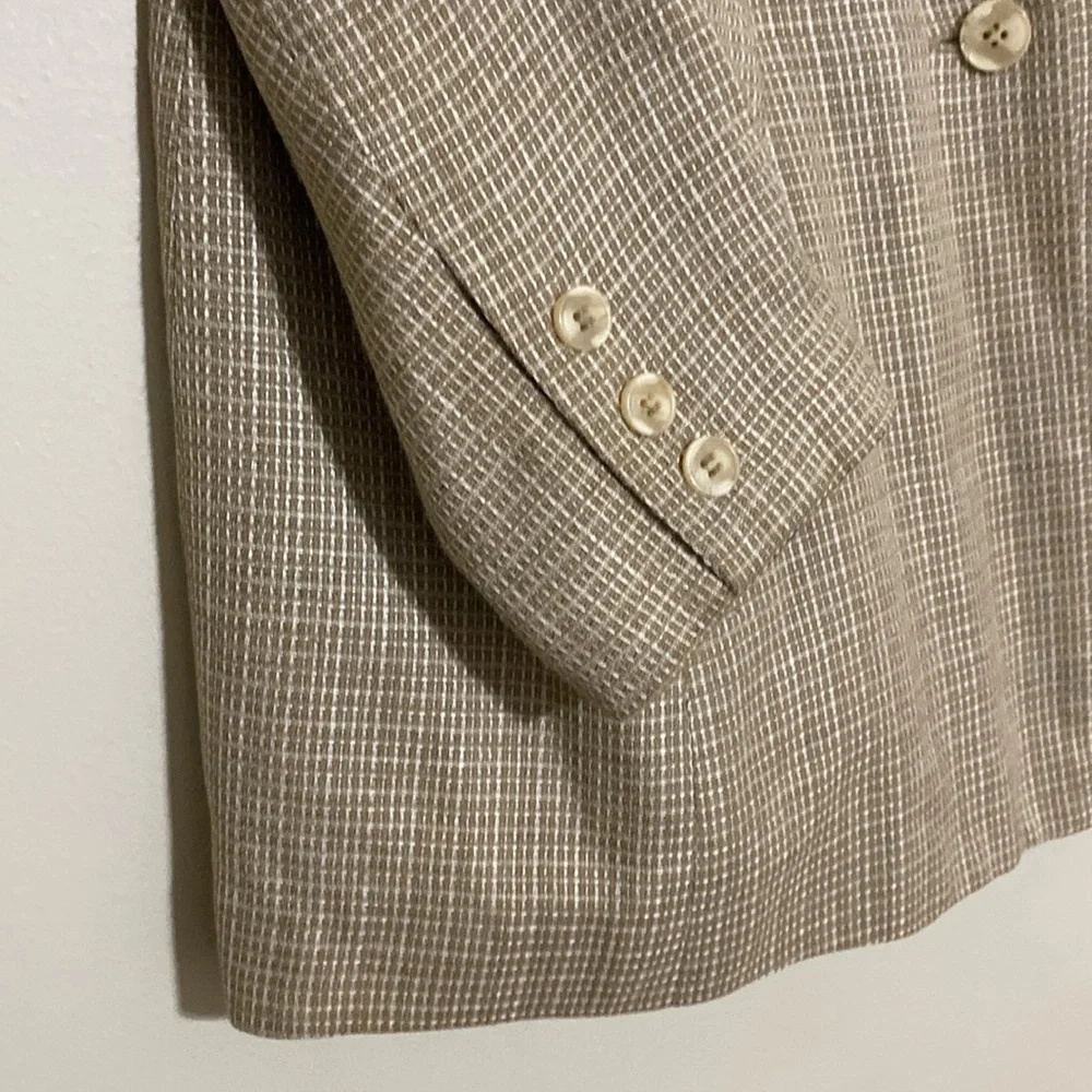 Mary Mc Fidden Women's Beige Checkered Blazer linen 10 event office retro casual